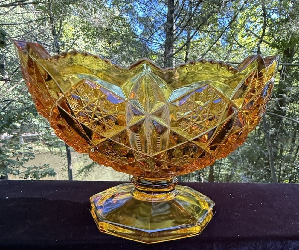 VTG Kemple Wheaton Amberina Sawtooth Cut Glass Footed Compote Candy Dish S1